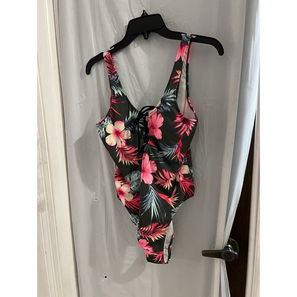 Victoria Secret Pink Green Pink Floral One Piece Lace Up Front Bathing Suit Sz M - Picture 2 of 9